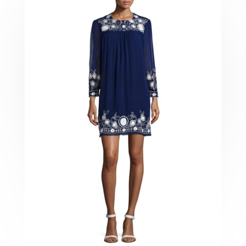 Rebecca Minkoff Truman Chiffon Shift Dress Silk Long Sleeve Size 2 Blue White